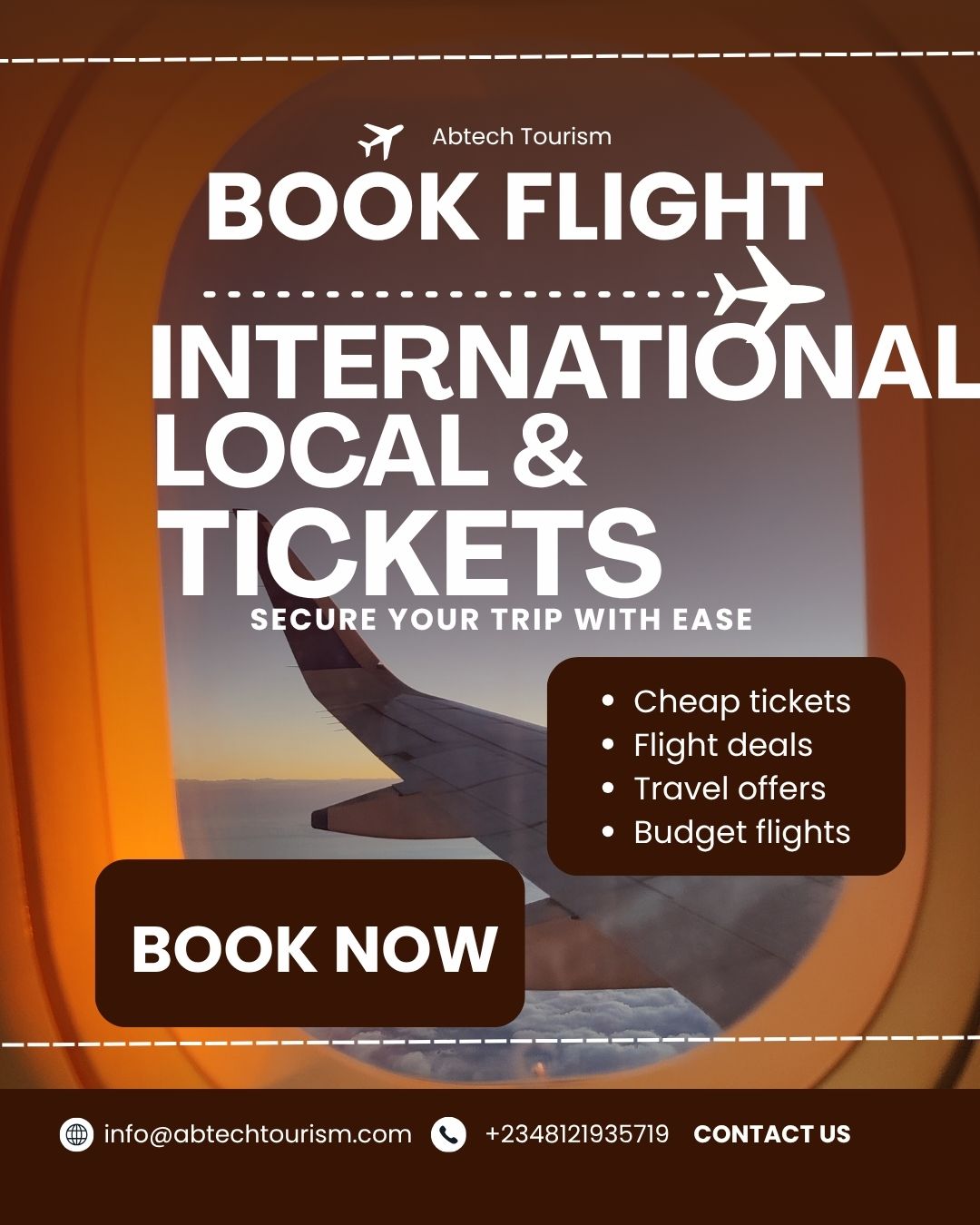 brown and white modern flight ticket booking services instagram post